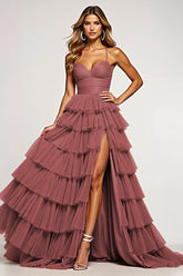 Desert Rose A Linie Langes Ballkleid aus Tüll mit Rüschen